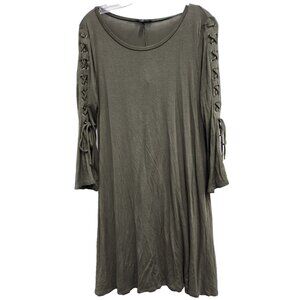 Express Womens BOHO Shift Dress Medium‎ Olive Green Lace Up Long Sleeve Festival
